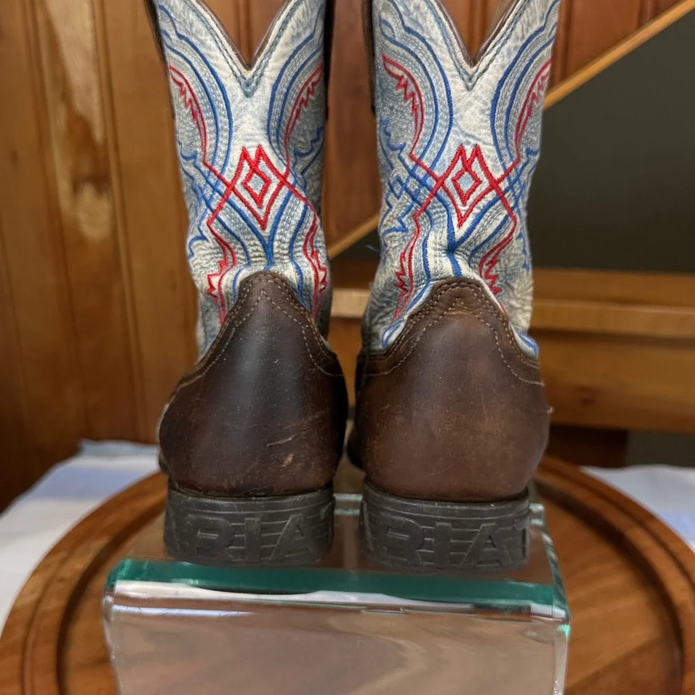 Ariat Kids Western Boots Brown Leather Blue Red Stitching Square Toe Size 1